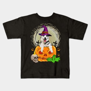 Cute Siberian Husky Witch Pumpkin Halloween Dog Lover Kids T-Shirt